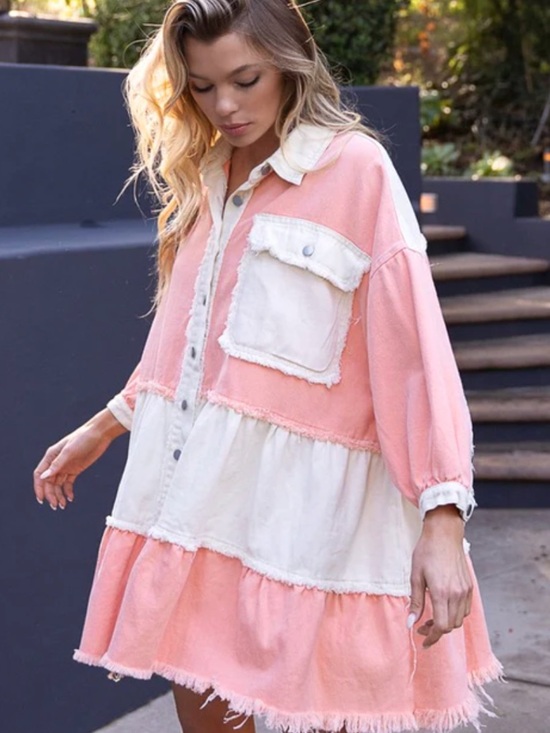 POL Dresses & Skirts - POL Pink & Cream Long Sleeve Tiered Denim Dress Western Boho Frayed Hem